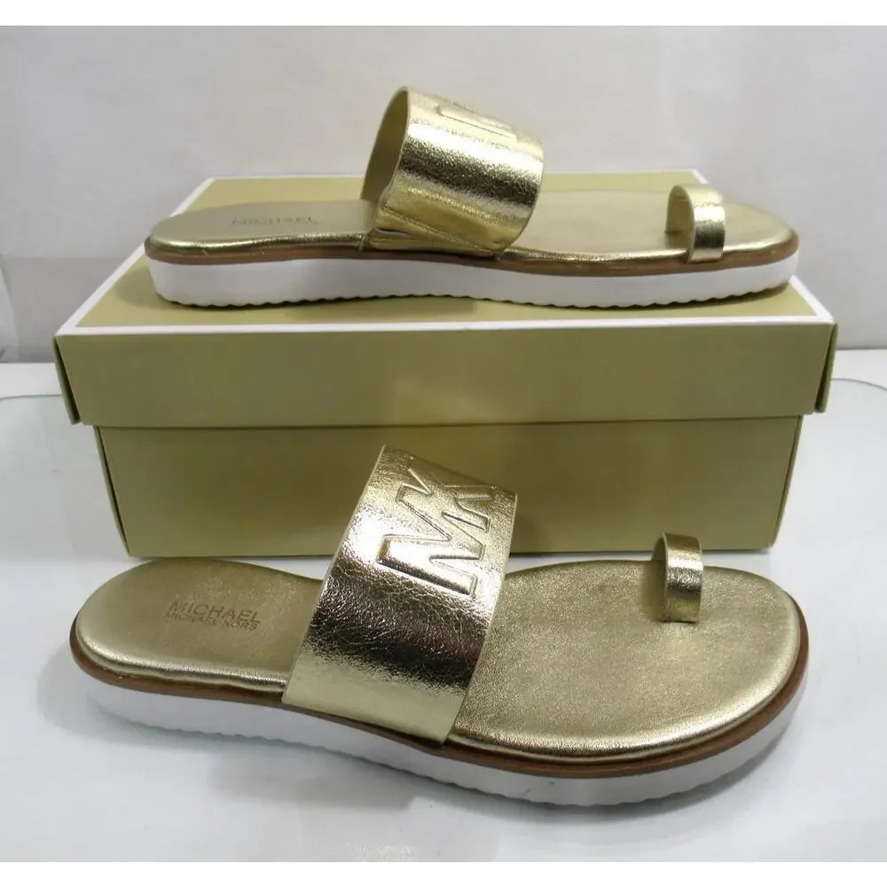 Michael Kors Rosa Metallic Slide Toe Ring Flat Sandal MK Logo Pale Gold Size 8.5